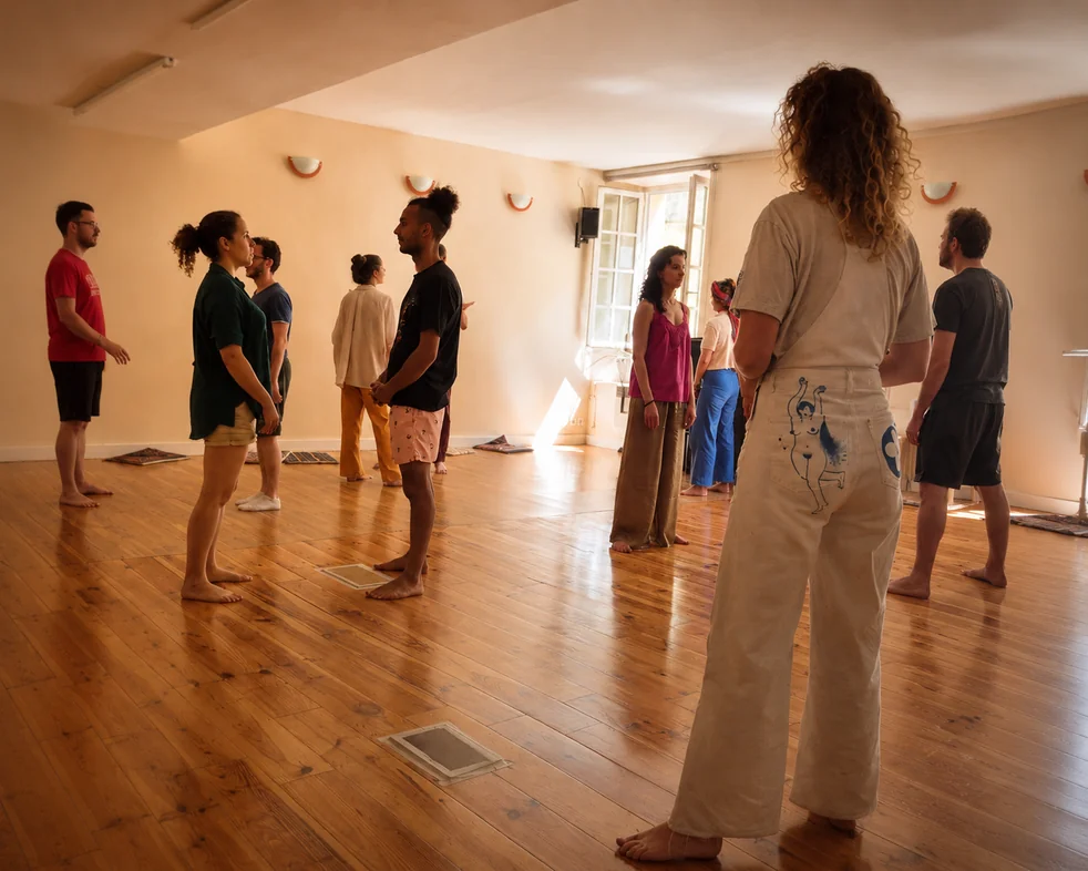 Atelier en cercle animé par Lucile, plusieurs personnes debout dans une salle parquetée