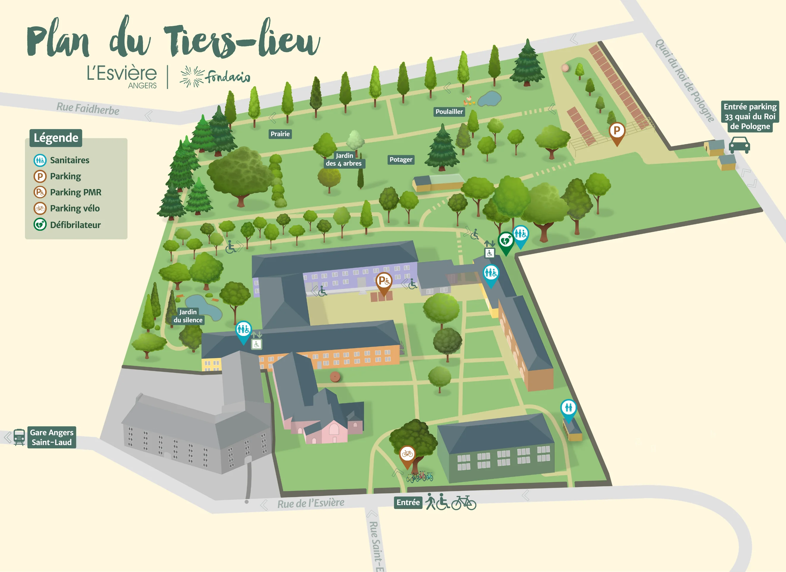 Plan illustré du Tiers Lieu de l'Esvière (entrée, parkings, sanitaires, salles)